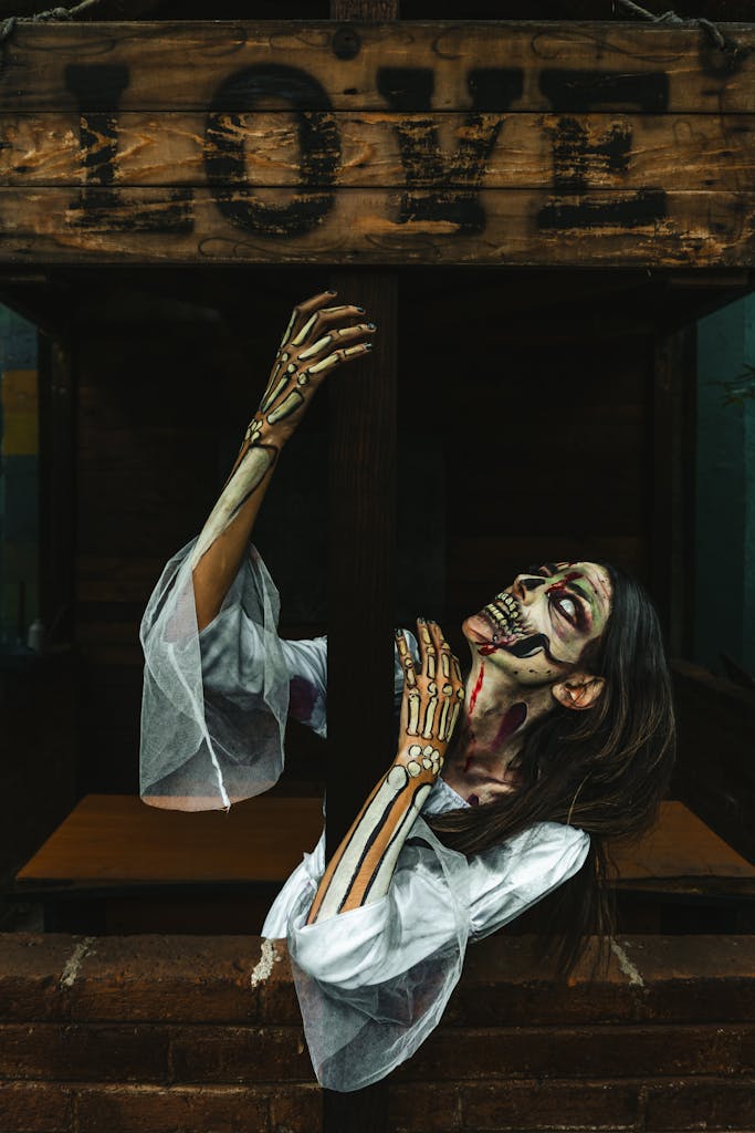 Person in skeleton costume with a spooky atmosphere in Mexico City.